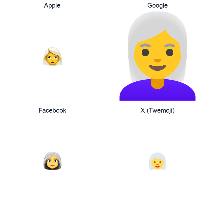 Woman: White Hair emoji in a square grid: Apple and Google on the top row, Facebook and X Twemoji on the bottom, on white.