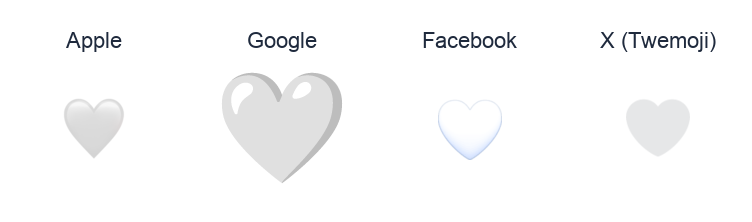 White Heart emoji artwork compared side by side for Apple, Google Noto, Facebook, and X Twemoji styles on white.