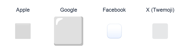 White Large Square emoji artwork compared side by side for Apple, Google Noto, Facebook, and X Twemoji styles on white.