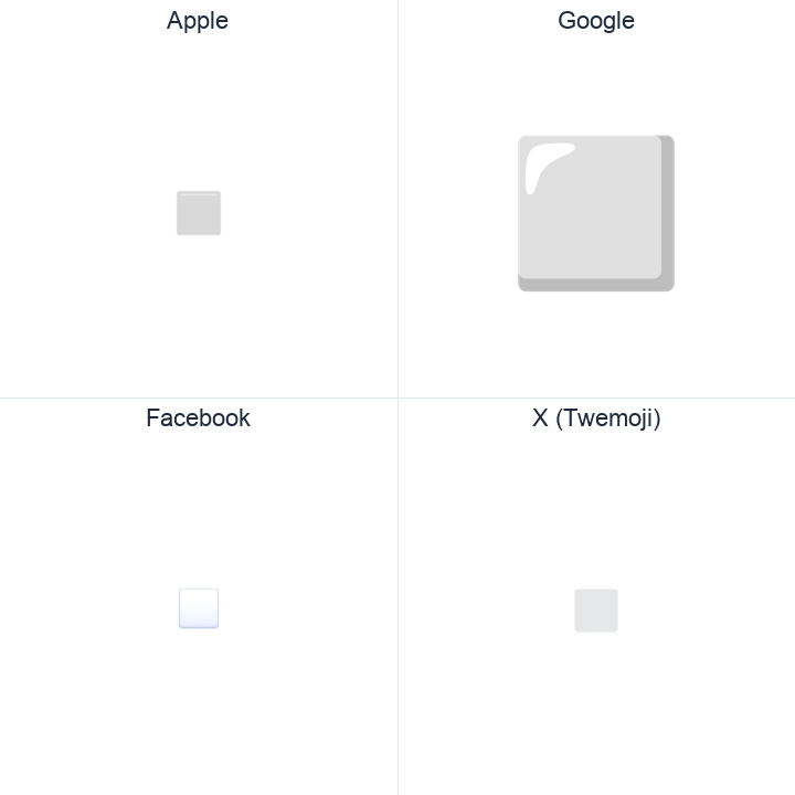 White Medium Small Square emoji in a square grid: Apple and Google on the top row, Facebook and X Twemoji on the bottom, on white.