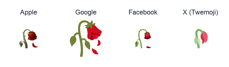 Wilted Flower emoji artwork compared side by side for Apple, Google Noto, Facebook, and X Twemoji styles on white.