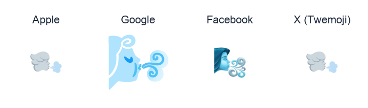 Wind Face emoji artwork compared side by side for Apple, Google Noto, Facebook, and X Twemoji styles on white.