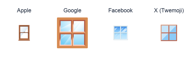 Window emoji artwork compared side by side for Apple, Google Noto, Facebook, and X Twemoji styles on white.