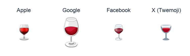 Wine Glass emoji artwork compared side by side for Apple, Google Noto, Facebook, and X Twemoji styles on white.