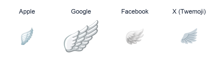 Wing emoji artwork compared side by side for Apple, Google Noto, Facebook, and X Twemoji styles on white.