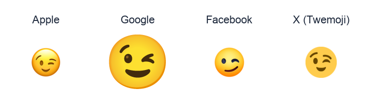 Winking Face emoji artwork compared side by side for Apple, Google Noto, Facebook, and X Twemoji styles on white.