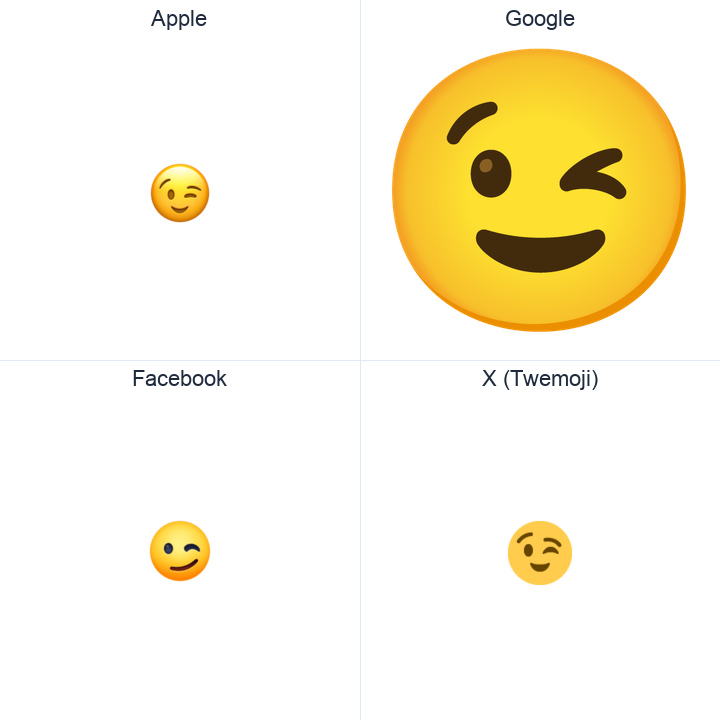 Winking Face emoji in a square grid: Apple and Google on the top row, Facebook and X Twemoji on the bottom, on white.