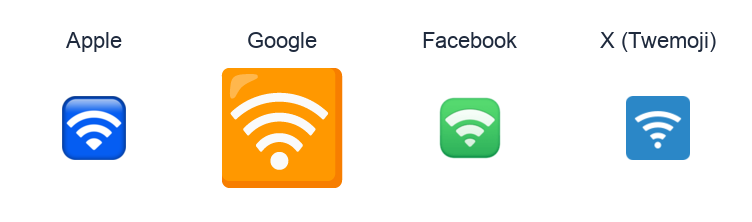 Wireless emoji artwork compared side by side for Apple, Google Noto, Facebook, and X Twemoji styles on white.