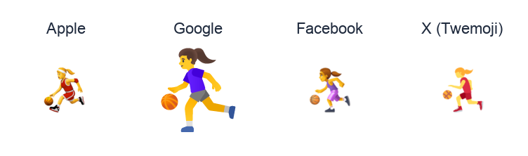 Woman Bouncing Ball emoji artwork compared side by side for Apple, Google Noto, Facebook, and X Twemoji styles on white.