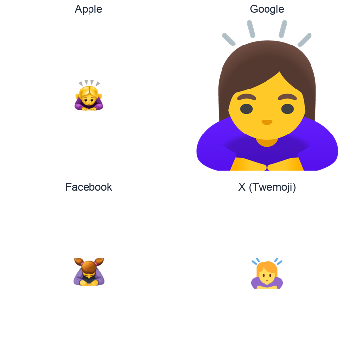 Woman Bowing emoji in a square grid: Apple and Google on the top row, Facebook and X Twemoji on the bottom, on white.
