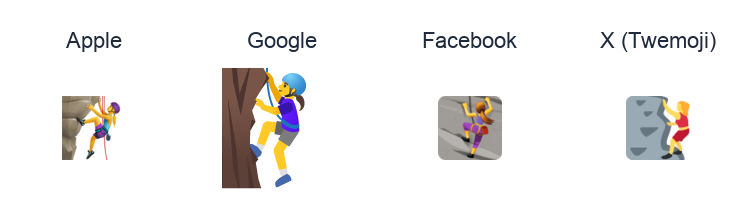 Woman Climbing emoji artwork compared side by side for Apple, Google Noto, Facebook, and X Twemoji styles on white.