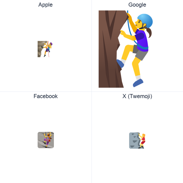 Woman Climbing emoji in a square grid: Apple and Google on the top row, Facebook and X Twemoji on the bottom, on white.