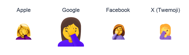 Woman Facepalming emoji artwork compared side by side for Apple, Google Noto, Facebook, and X Twemoji styles on white.