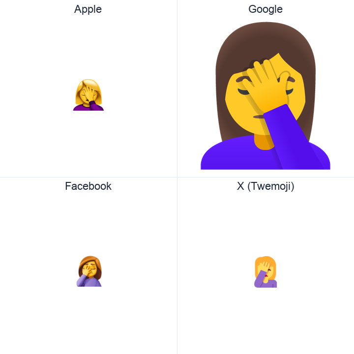 Woman Facepalming emoji in a square grid: Apple and Google on the top row, Facebook and X Twemoji on the bottom, on white.