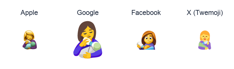 Woman Feeding Baby emoji artwork compared side by side for Apple, Google Noto, Facebook, and X Twemoji styles on white.