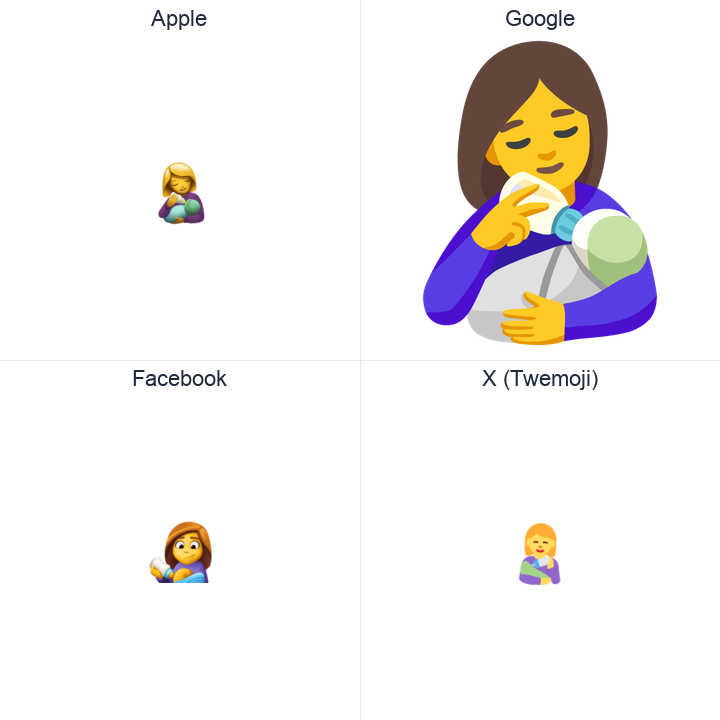 Woman Feeding Baby emoji in a square grid: Apple and Google on the top row, Facebook and X Twemoji on the bottom, on white.