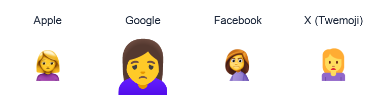 Woman Frowning emoji artwork compared side by side for Apple, Google Noto, Facebook, and X Twemoji styles on white.
