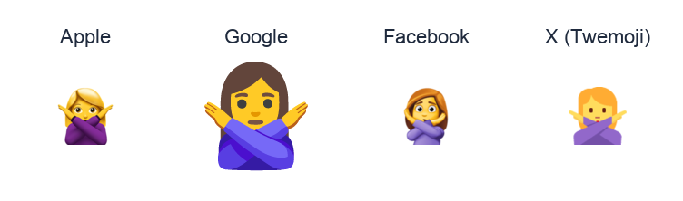 Woman Gesturing No emoji artwork compared side by side for Apple, Google Noto, Facebook, and X Twemoji styles on white.