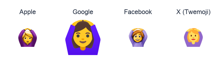 Woman Gesturing Ok emoji artwork compared side by side for Apple, Google Noto, Facebook, and X Twemoji styles on white.