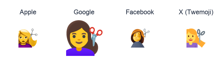 Woman Getting Haircut emoji artwork compared side by side for Apple, Google Noto, Facebook, and X Twemoji styles on white.