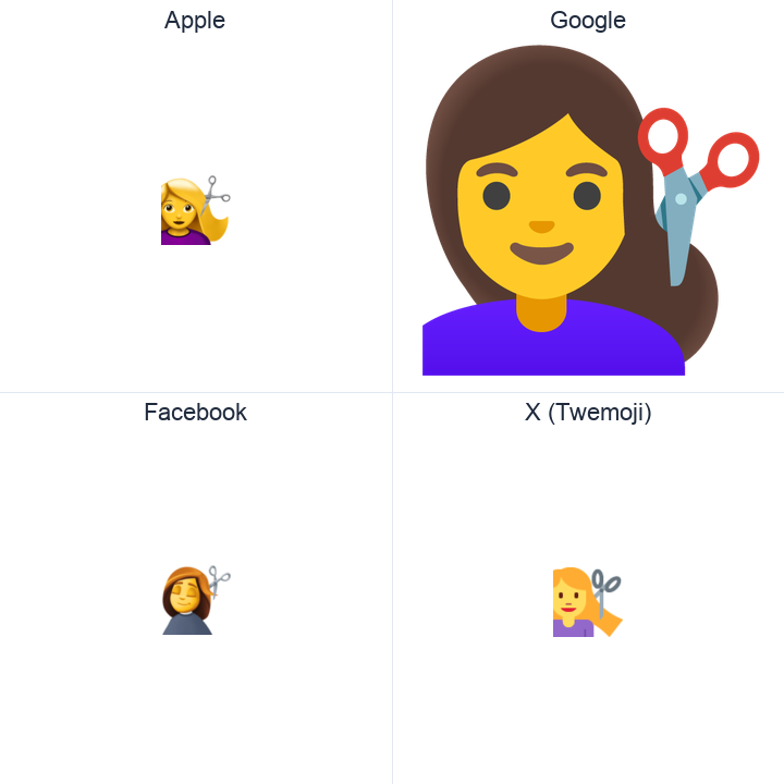 Woman Getting Haircut emoji in a square grid: Apple and Google on the top row, Facebook and X Twemoji on the bottom, on white.