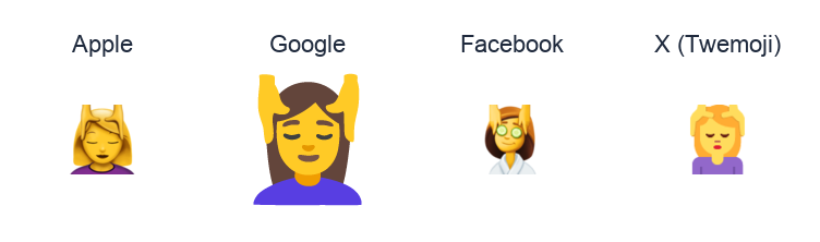 Woman Getting Massage emoji artwork compared side by side for Apple, Google Noto, Facebook, and X Twemoji styles on white.