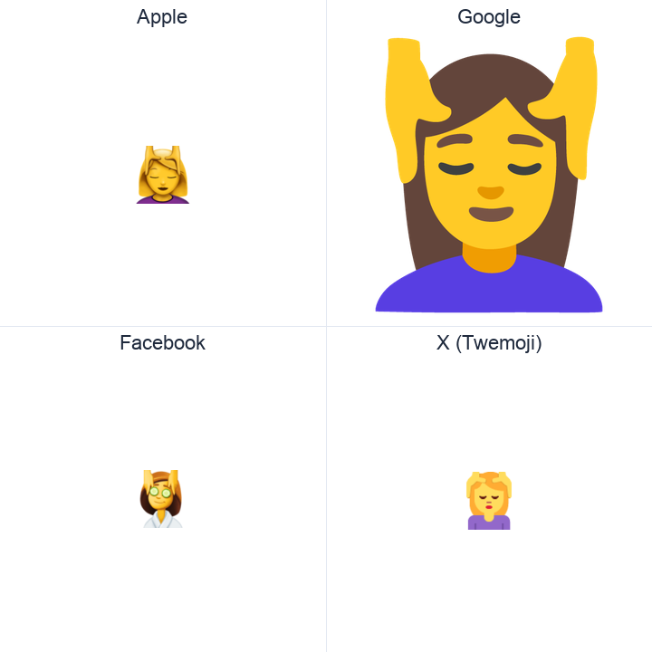 Woman Getting Massage emoji in a square grid: Apple and Google on the top row, Facebook and X Twemoji on the bottom, on white.