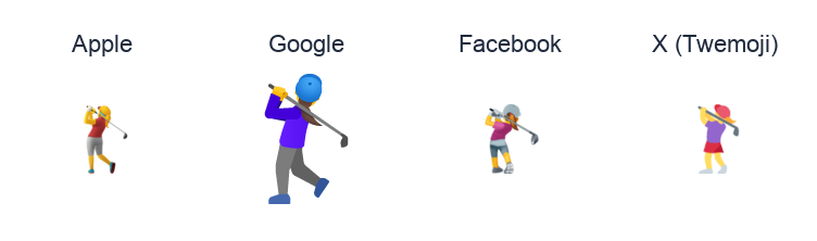 Woman Golfing emoji artwork compared side by side for Apple, Google Noto, Facebook, and X Twemoji styles on white.