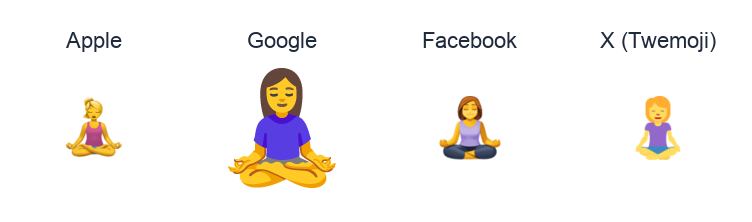 Woman In Lotus Position emoji artwork compared side by side for Apple, Google Noto, Facebook, and X Twemoji styles on white.
