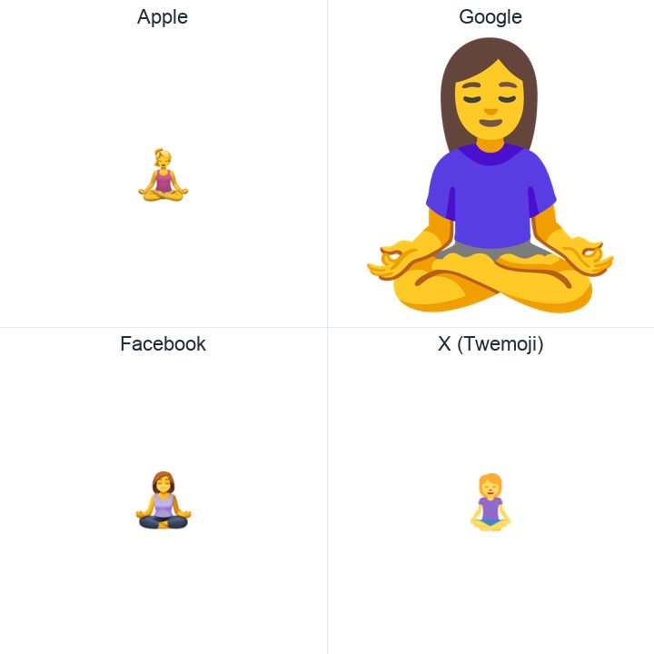 Woman In Lotus Position emoji in a square grid: Apple and Google on the top row, Facebook and X Twemoji on the bottom, on white.