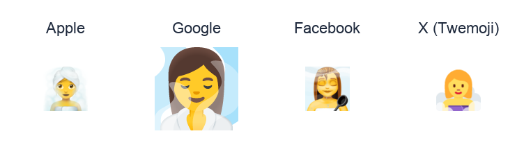 Woman In Steamy Room emoji artwork compared side by side for Apple, Google Noto, Facebook, and X Twemoji styles on white.