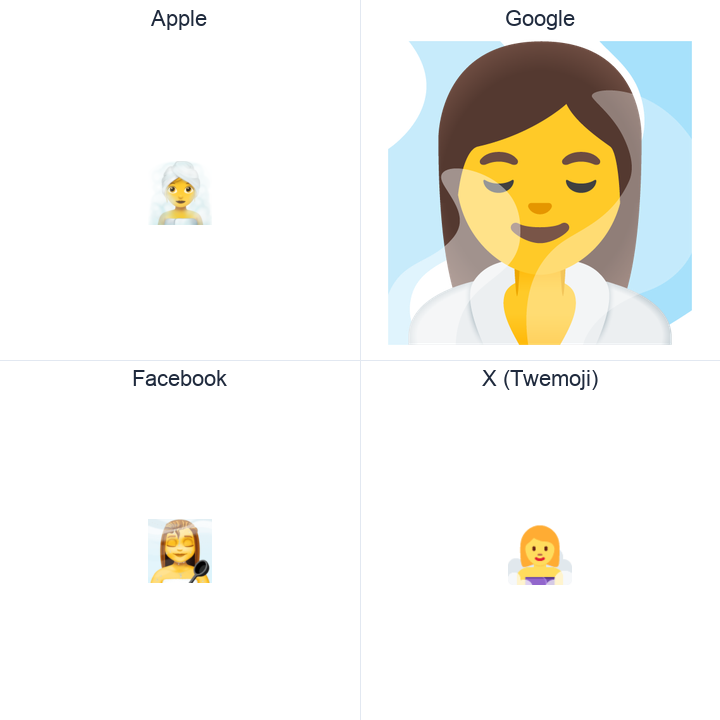 Woman In Steamy Room emoji in a square grid: Apple and Google on the top row, Facebook and X Twemoji on the bottom, on white.