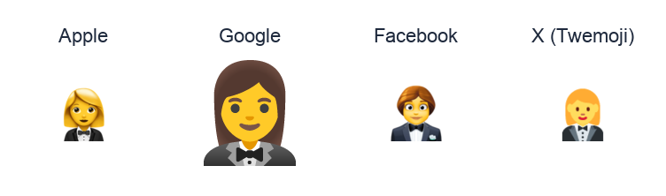 Woman In Tuxedo emoji artwork compared side by side for Apple, Google Noto, Facebook, and X Twemoji styles on white.