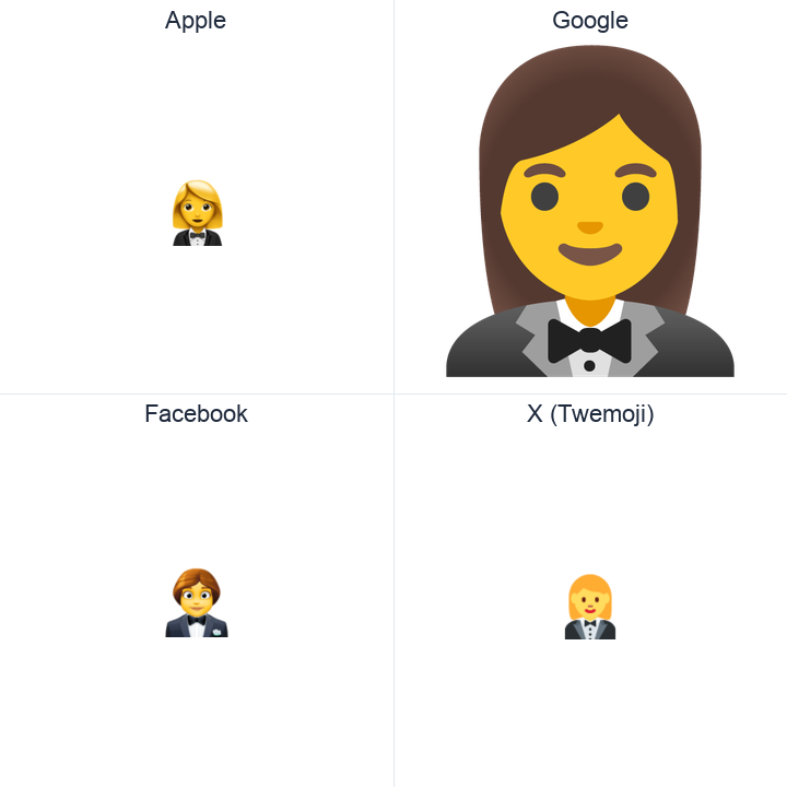 Woman In Tuxedo emoji in a square grid: Apple and Google on the top row, Facebook and X Twemoji on the bottom, on white.