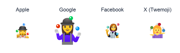 Woman Juggling emoji artwork compared side by side for Apple, Google Noto, Facebook, and X Twemoji styles on white.