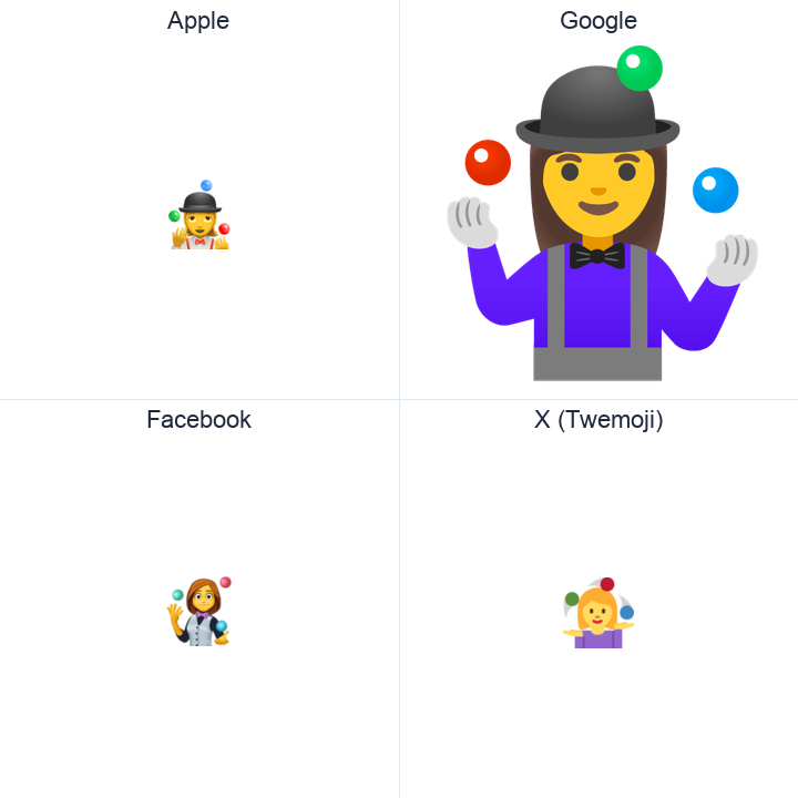 Woman Juggling emoji in a square grid: Apple and Google on the top row, Facebook and X Twemoji on the bottom, on white.