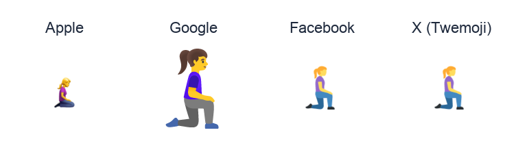 Woman Kneeling Facing Right emoji artwork compared side by side for Apple, Google Noto, Facebook, and X Twemoji styles on white.