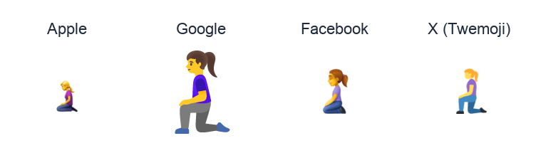 Woman Kneeling emoji artwork compared side by side for Apple, Google Noto, Facebook, and X Twemoji styles on white.