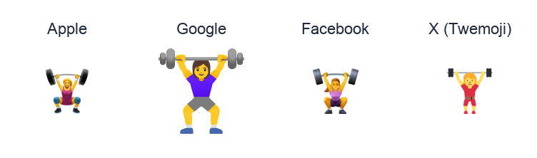 Woman Lifting Weights emoji artwork compared side by side for Apple, Google Noto, Facebook, and X Twemoji styles on white.