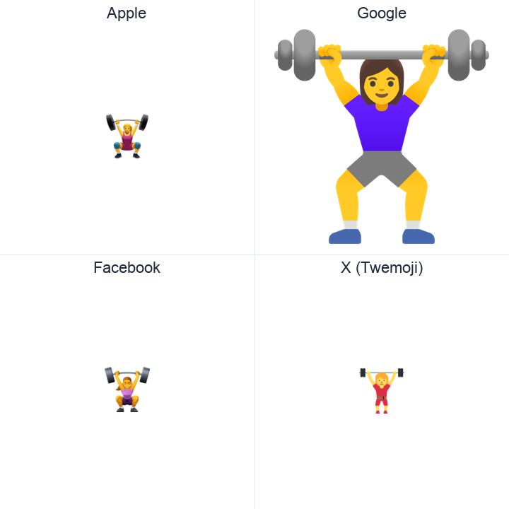 Woman Lifting Weights emoji in a square grid: Apple and Google on the top row, Facebook and X Twemoji on the bottom, on white.
