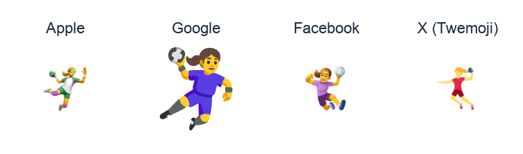 Woman Playing Handball emoji artwork compared side by side for Apple, Google Noto, Facebook, and X Twemoji styles on white.