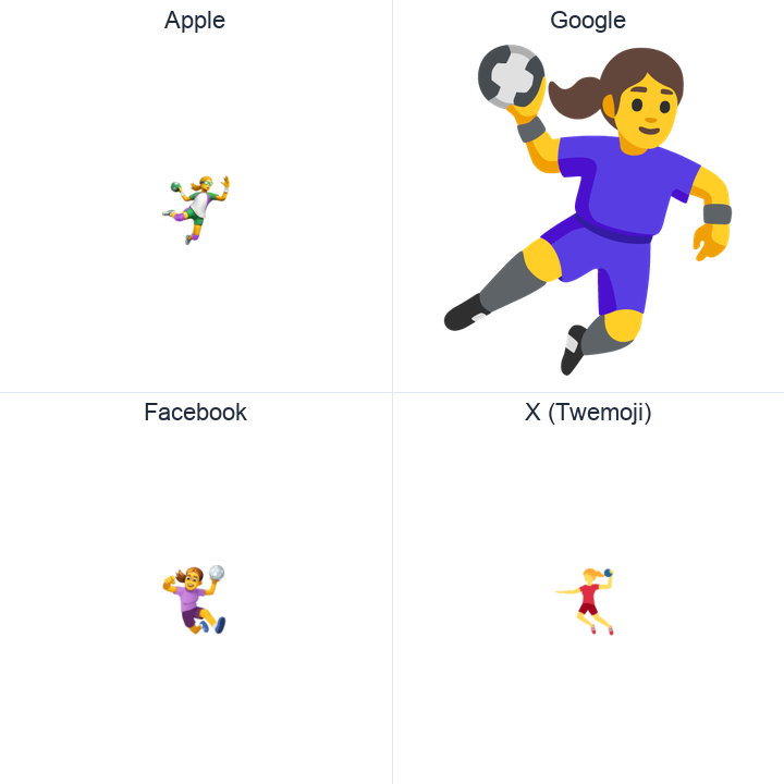 Woman Playing Handball emoji in a square grid: Apple and Google on the top row, Facebook and X Twemoji on the bottom, on white.