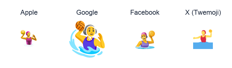Woman Playing Water Polo emoji artwork compared side by side for Apple, Google Noto, Facebook, and X Twemoji styles on white.