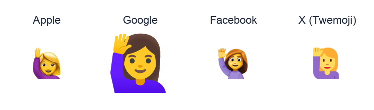 Woman Raising Hand emoji artwork compared side by side for Apple, Google Noto, Facebook, and X Twemoji styles on white.