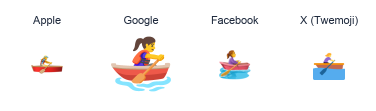 Woman Rowing Boat emoji artwork compared side by side for Apple, Google Noto, Facebook, and X Twemoji styles on white.