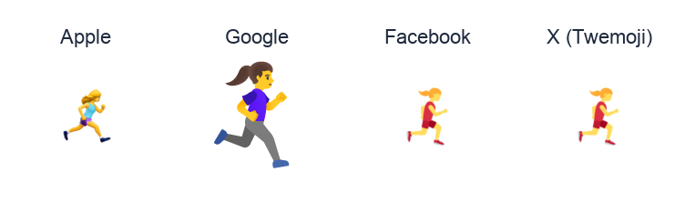 Woman Running Facing Right emoji artwork compared side by side for Apple, Google Noto, Facebook, and X Twemoji styles on white.