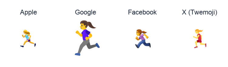 Woman Running emoji artwork compared side by side for Apple, Google Noto, Facebook, and X Twemoji styles on white.