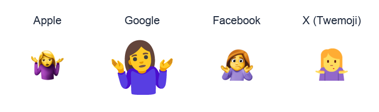 Woman Shrugging emoji artwork compared side by side for Apple, Google Noto, Facebook, and X Twemoji styles on white.