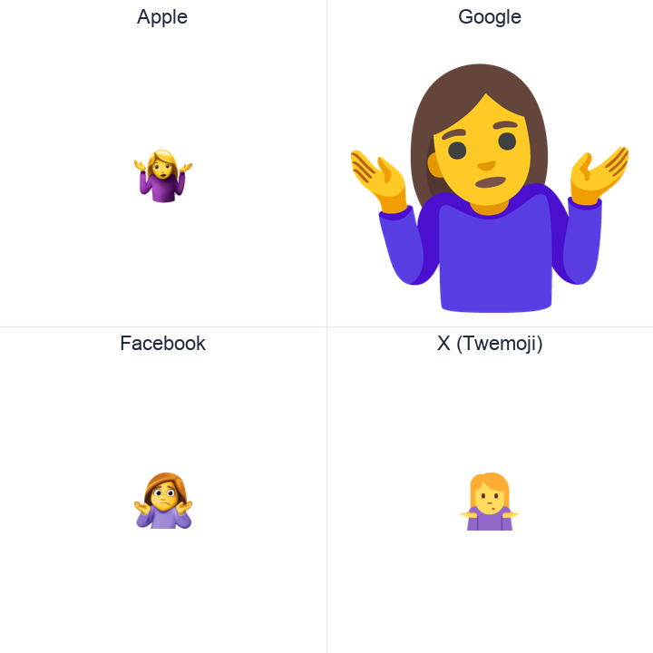 Woman Shrugging emoji in a square grid: Apple and Google on the top row, Facebook and X Twemoji on the bottom, on white.