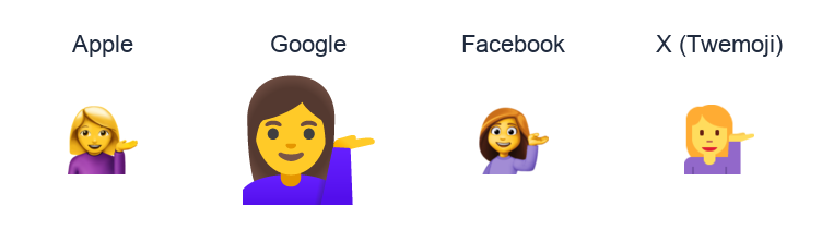 Woman Tipping Hand emoji artwork compared side by side for Apple, Google Noto, Facebook, and X Twemoji styles on white.